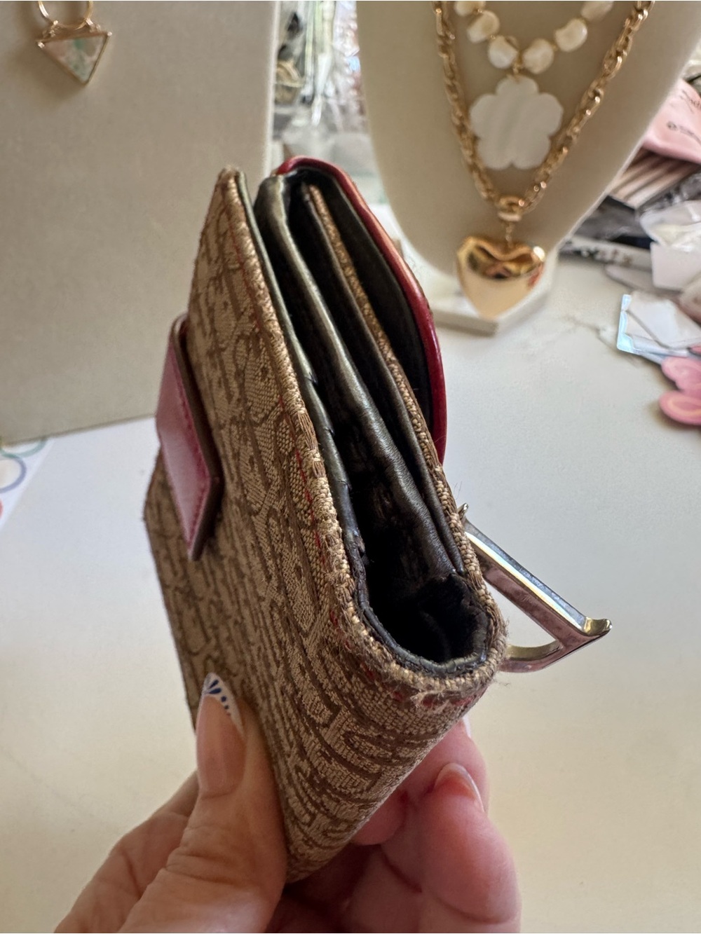 Dior Brown Monogram Canvas Tri fold Wallet with Red Trim and Green-Yellow Accent - Picture 9 of 13